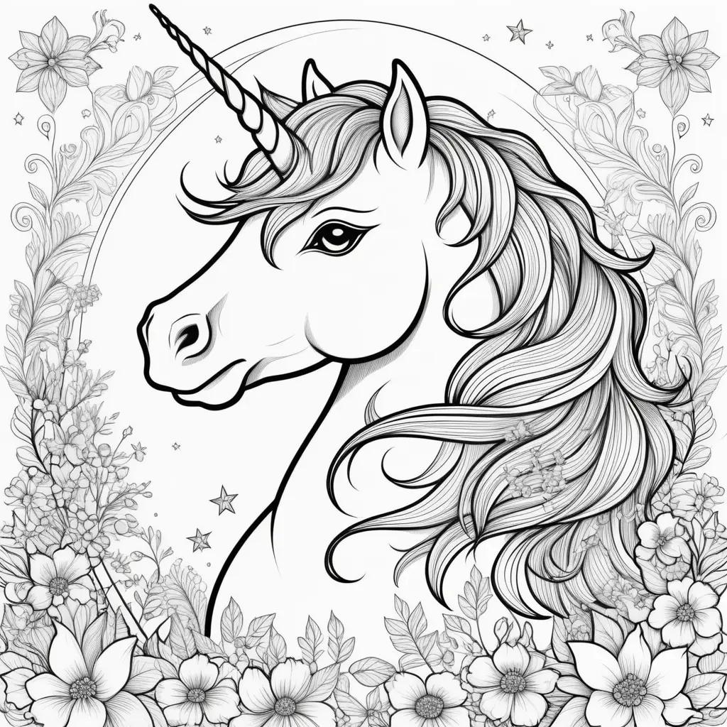 Colorful unicorn in floral background with stars and flowers