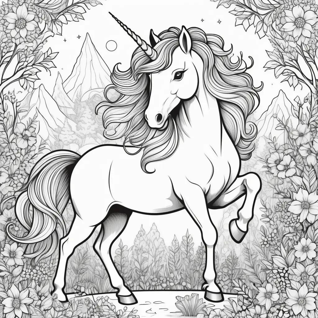 Colorful unicorn in nature with free printable coloring pages