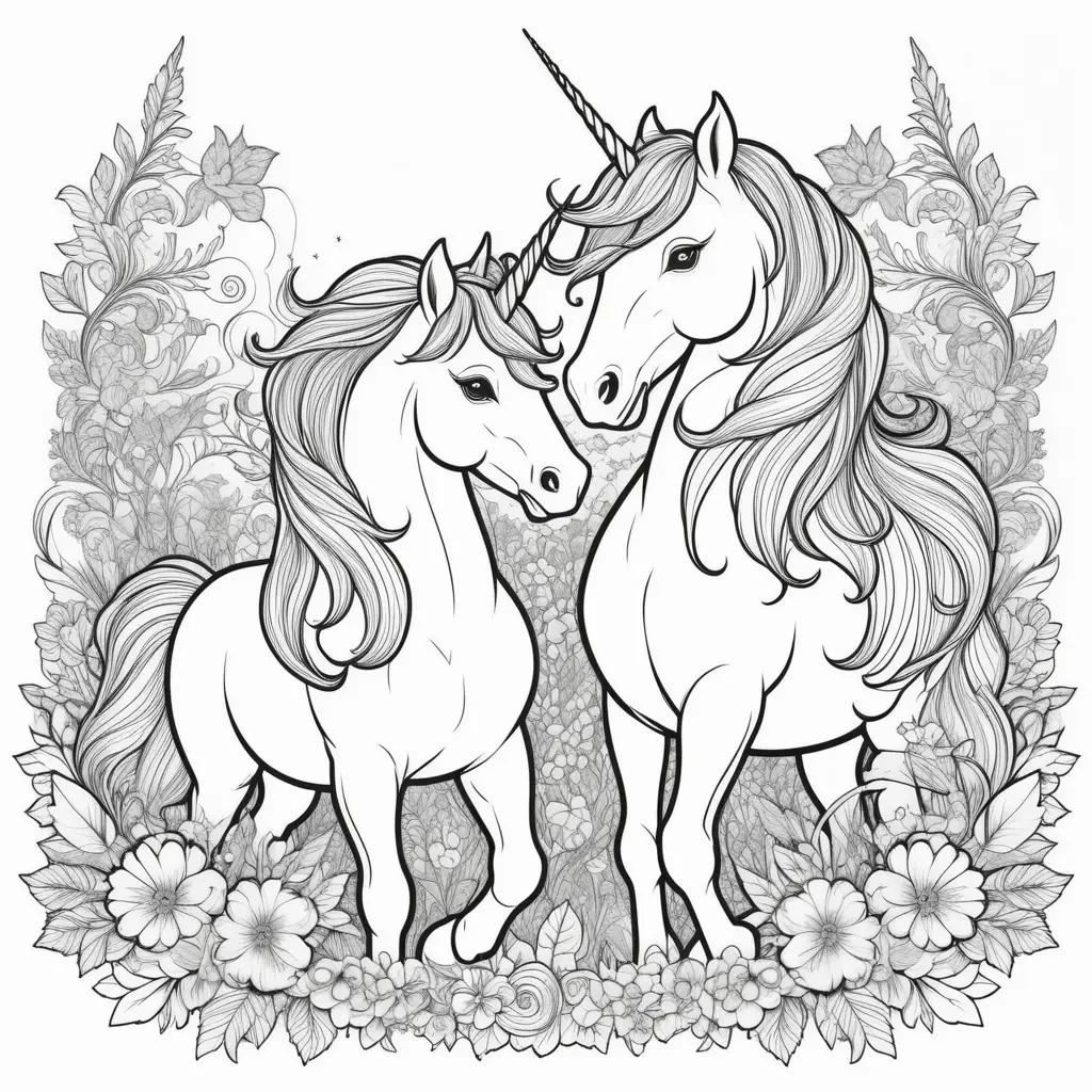 Colorful unicorns and flowers in a black and white coloring page