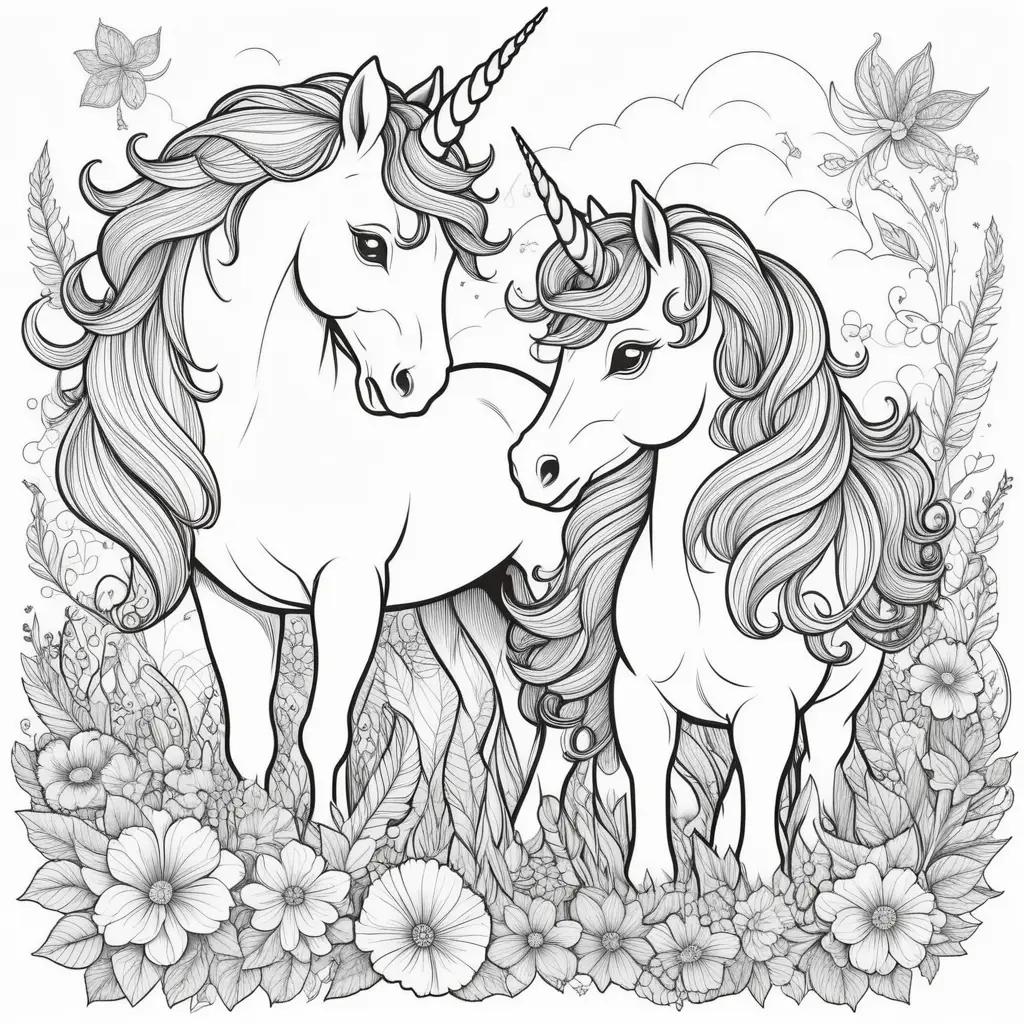 Colorful unicorns in a flower garden coloring pages