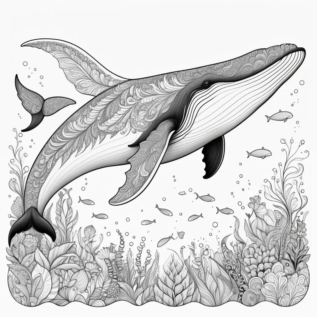 Colorful whale and sea creatures in black and white