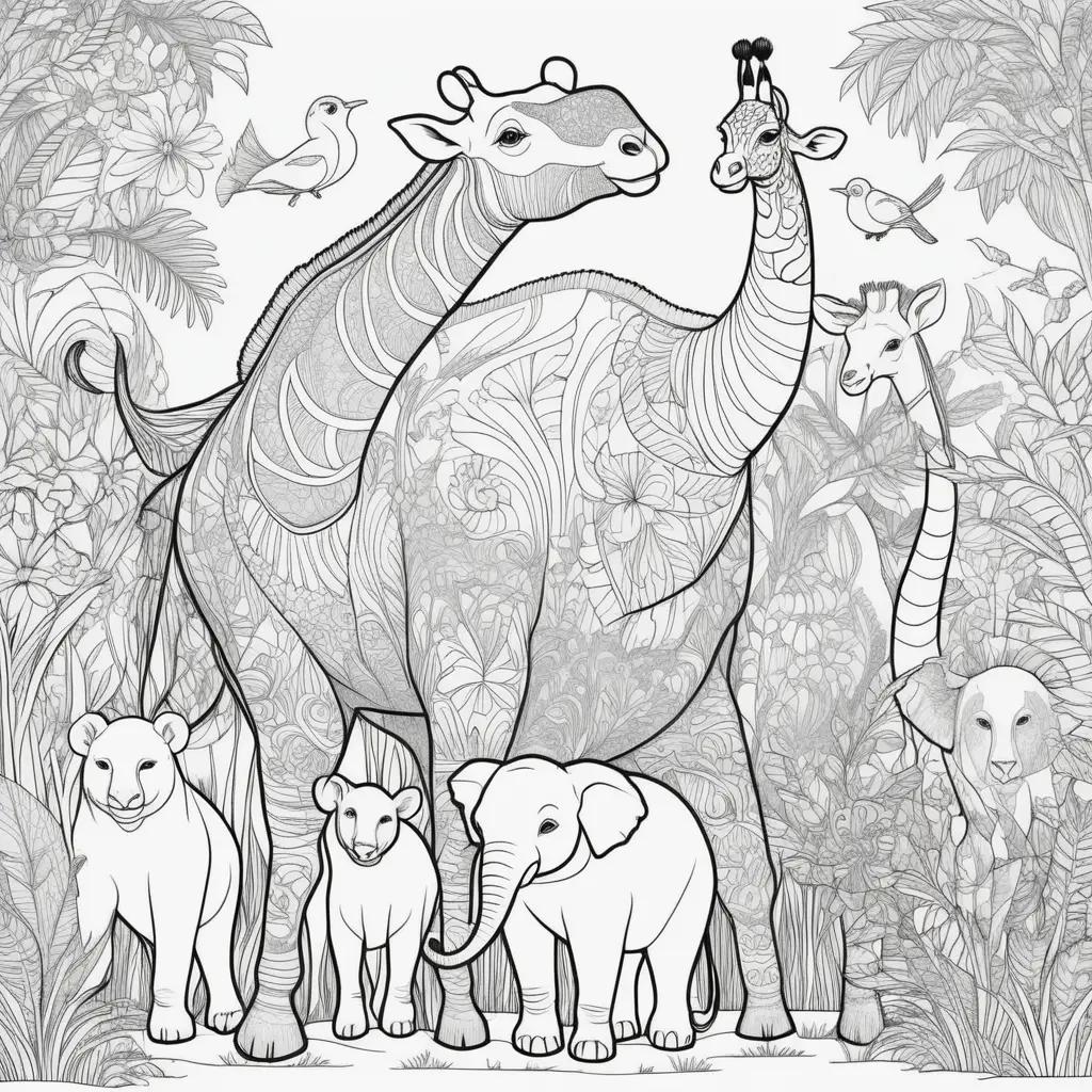 Colorful zoo animal coloring pages with giraffes, elephants and baby animals