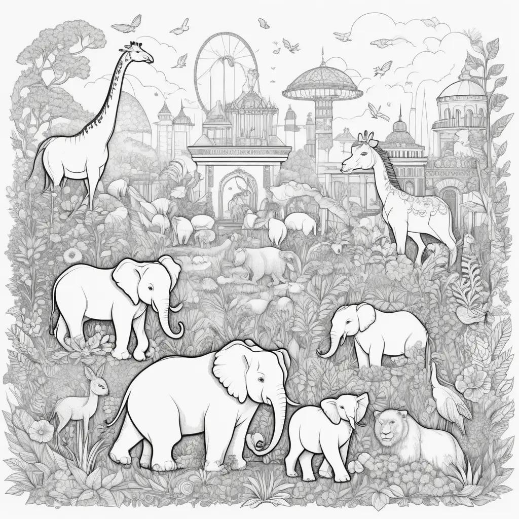 Colorful zoo coloring pages with animals and giraffes