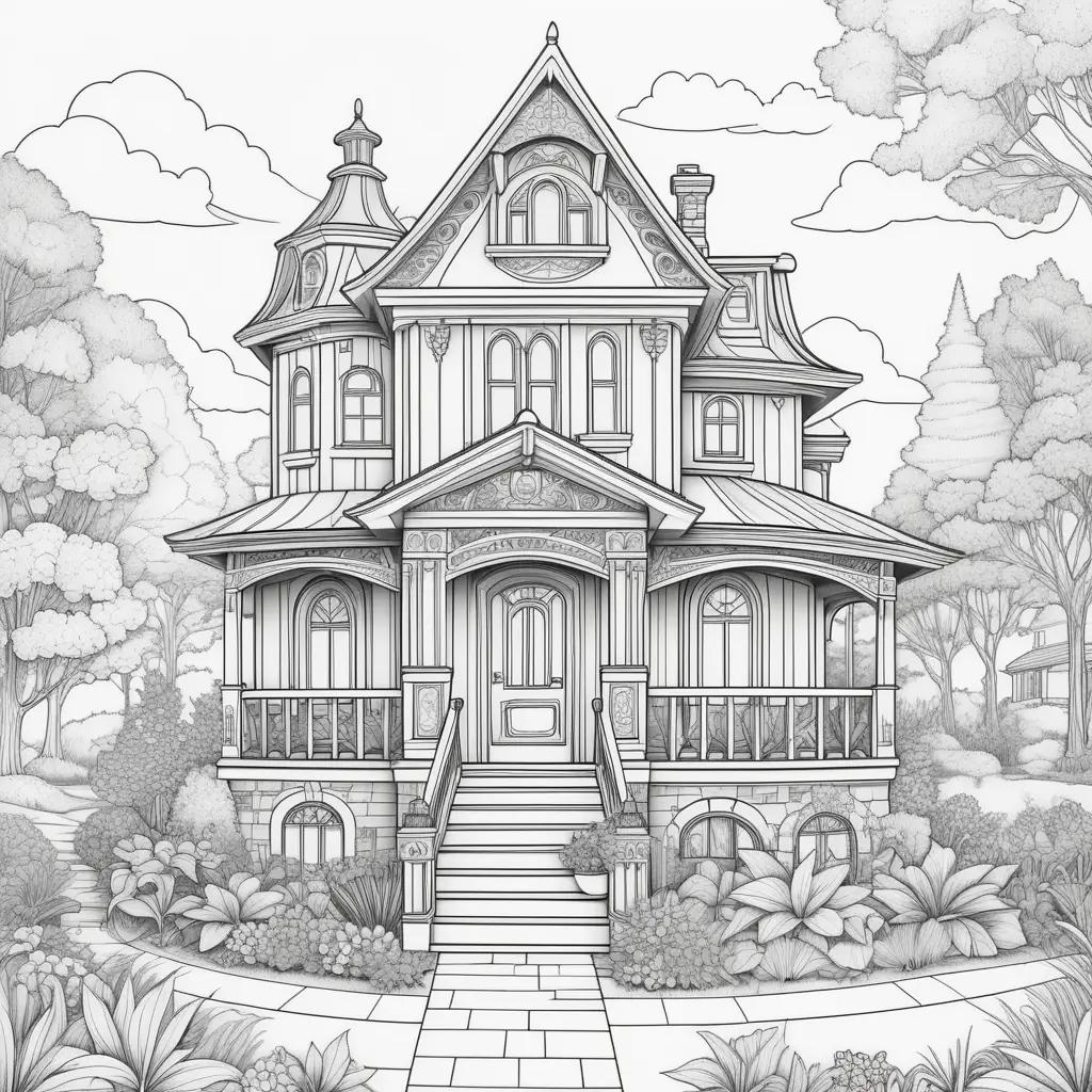 Coloring Page of a Big House with a Garden