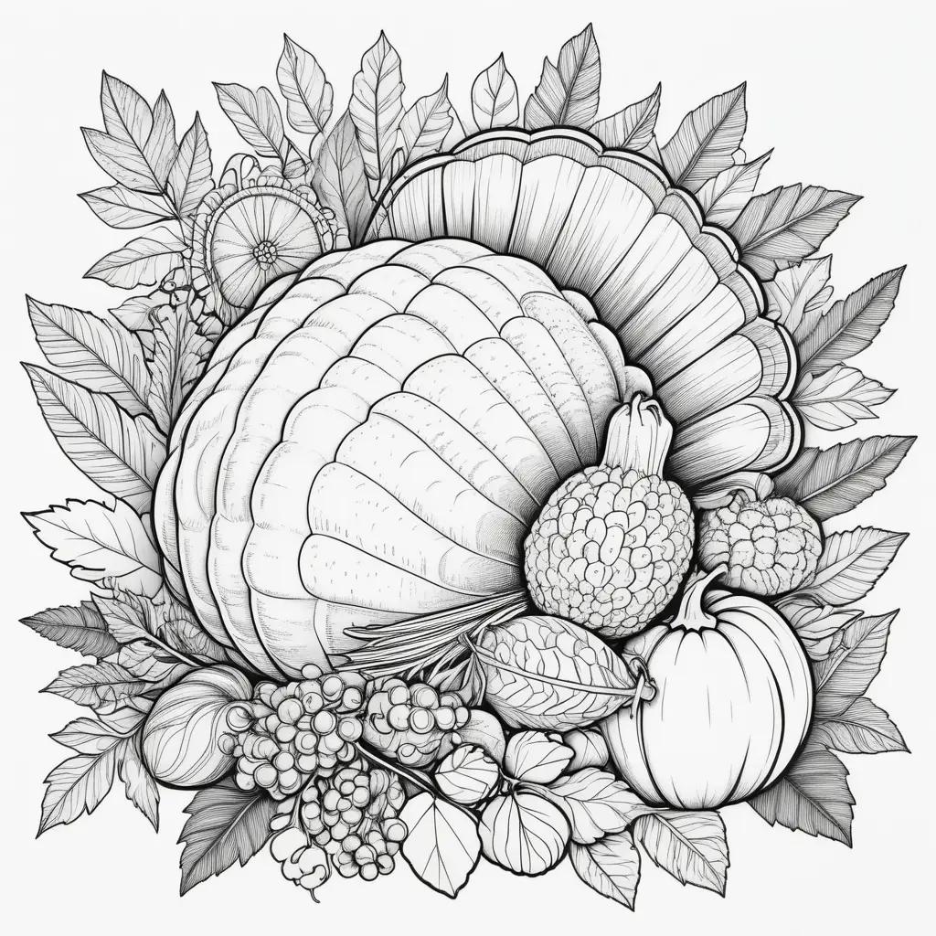 Coloring Thanksgiving page with leaves and fruits