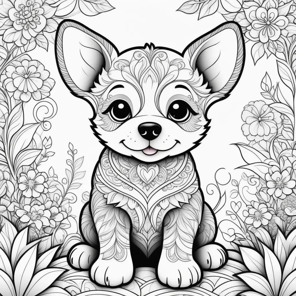 Coloring book with a cute puppy in a flower pattern