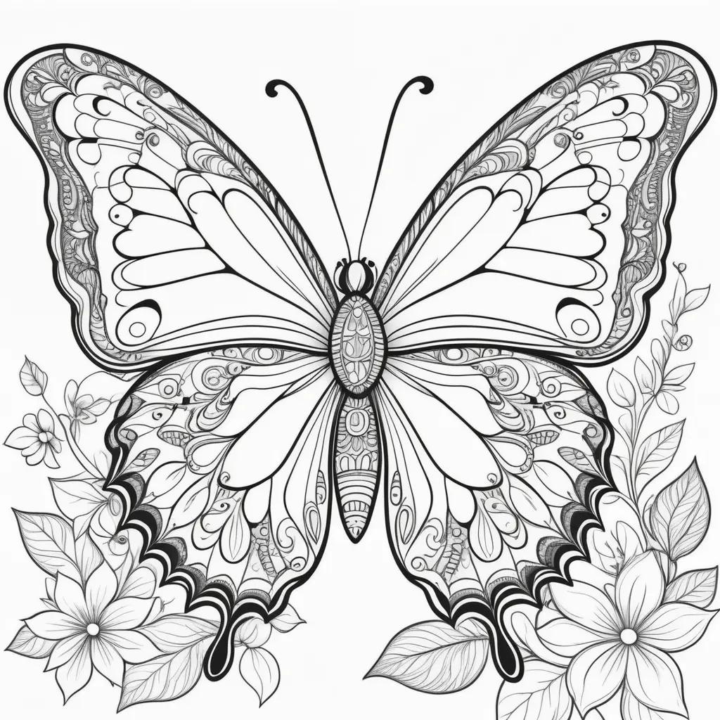 Coloring page butterfly with intricate details and floral accents