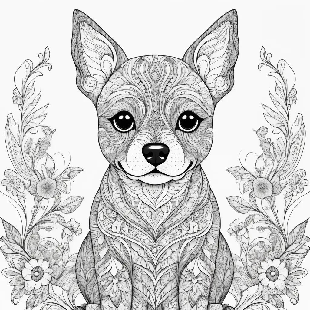 Coloring page features a dog surrounded by floral patterns