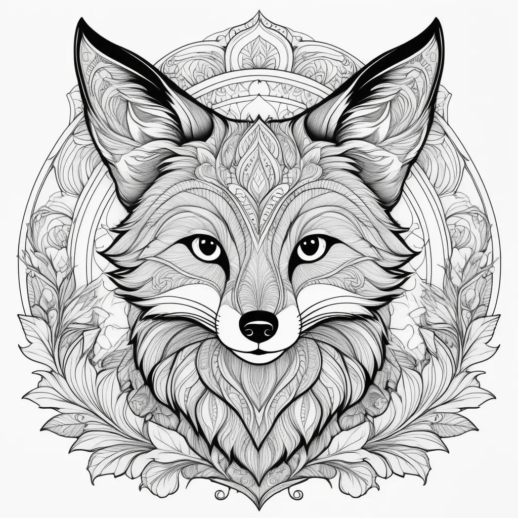 Coloring page featuring a black and white fox with floral design