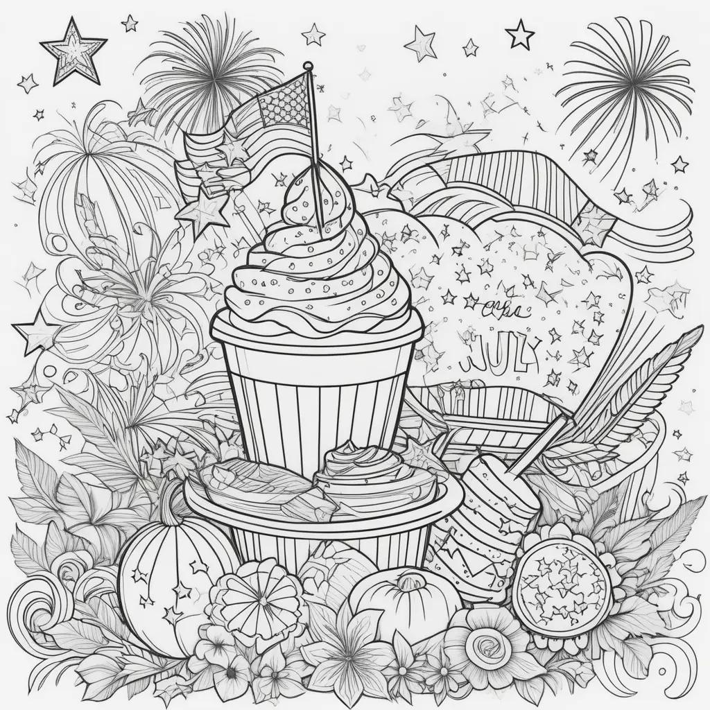 Coloring page featuring a cupcake and American flag for the 4th of July