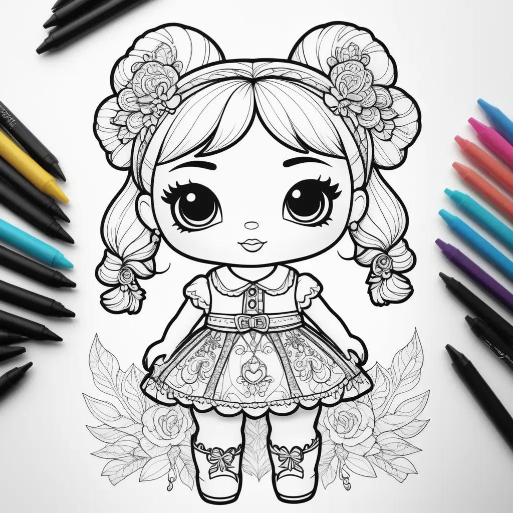 Coloring page featuring a cute loll doll with colorful flowers and pens