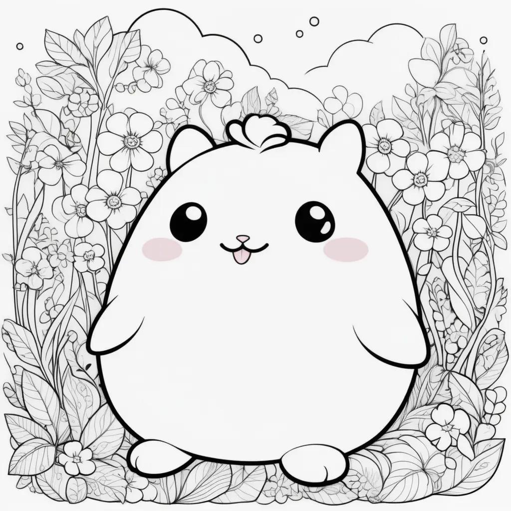 Coloring page featuring a cute squishy animal with flowers