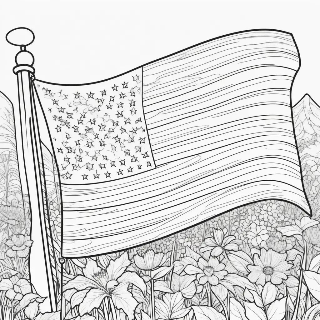 Coloring page featuring a flag, stars, and flowers