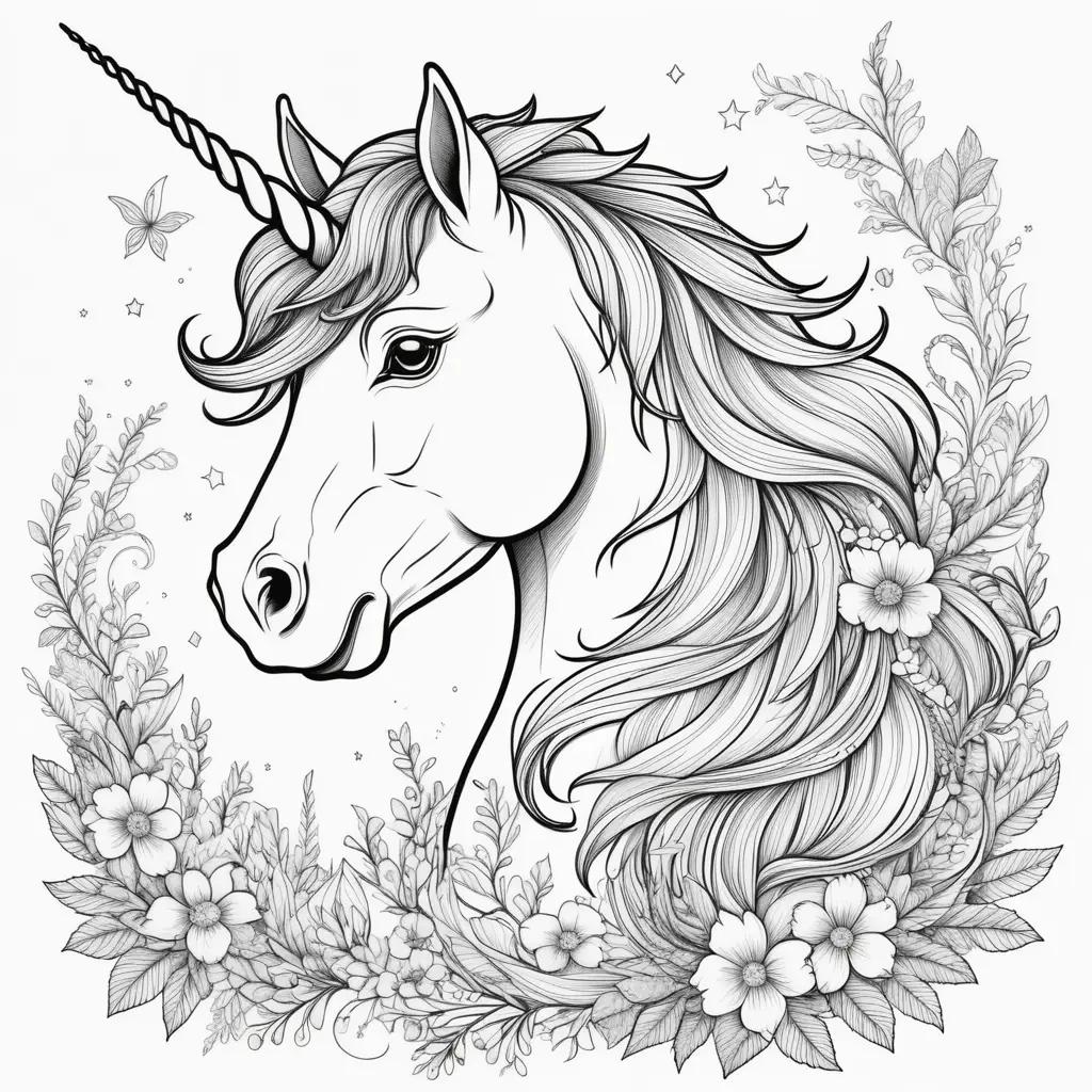 Coloring page featuring a unicorn and flowers in a wreath