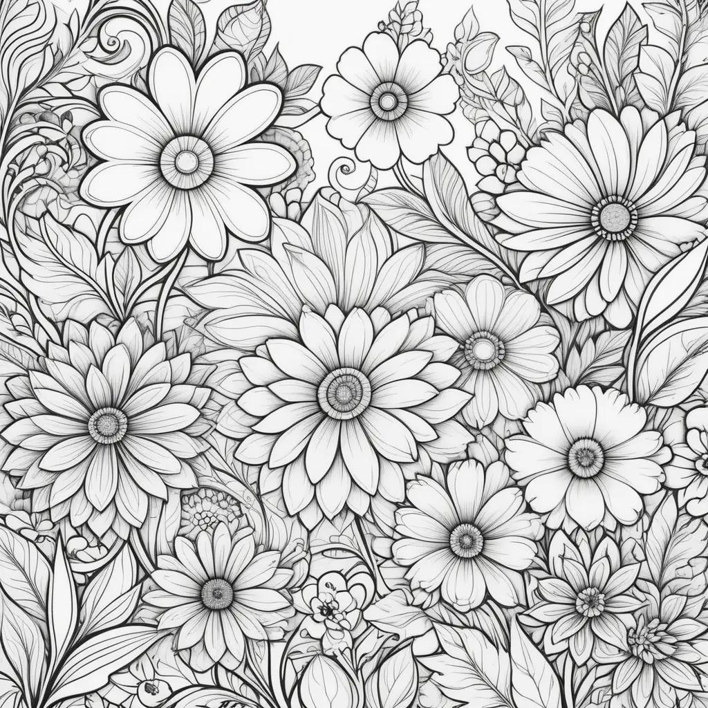 Coloring page featuring a variety of flowers and leaves