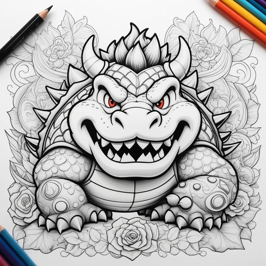 Coloring page of Bowser with spikes and red eyes