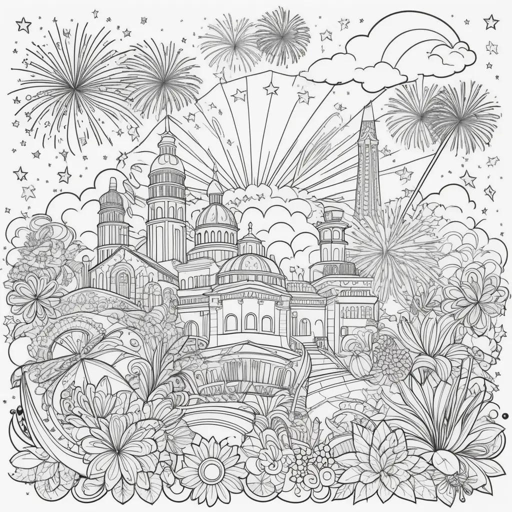 Coloring page of July 4th with fireworks, buildings, and flowers