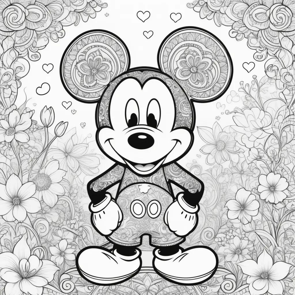 Coloring page of Mickey Mouse with a floral background