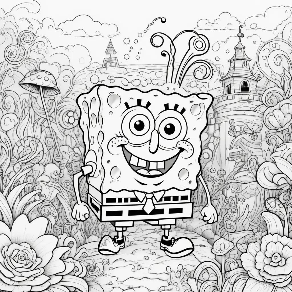 Coloring page of Spongebob surrounded by flowers