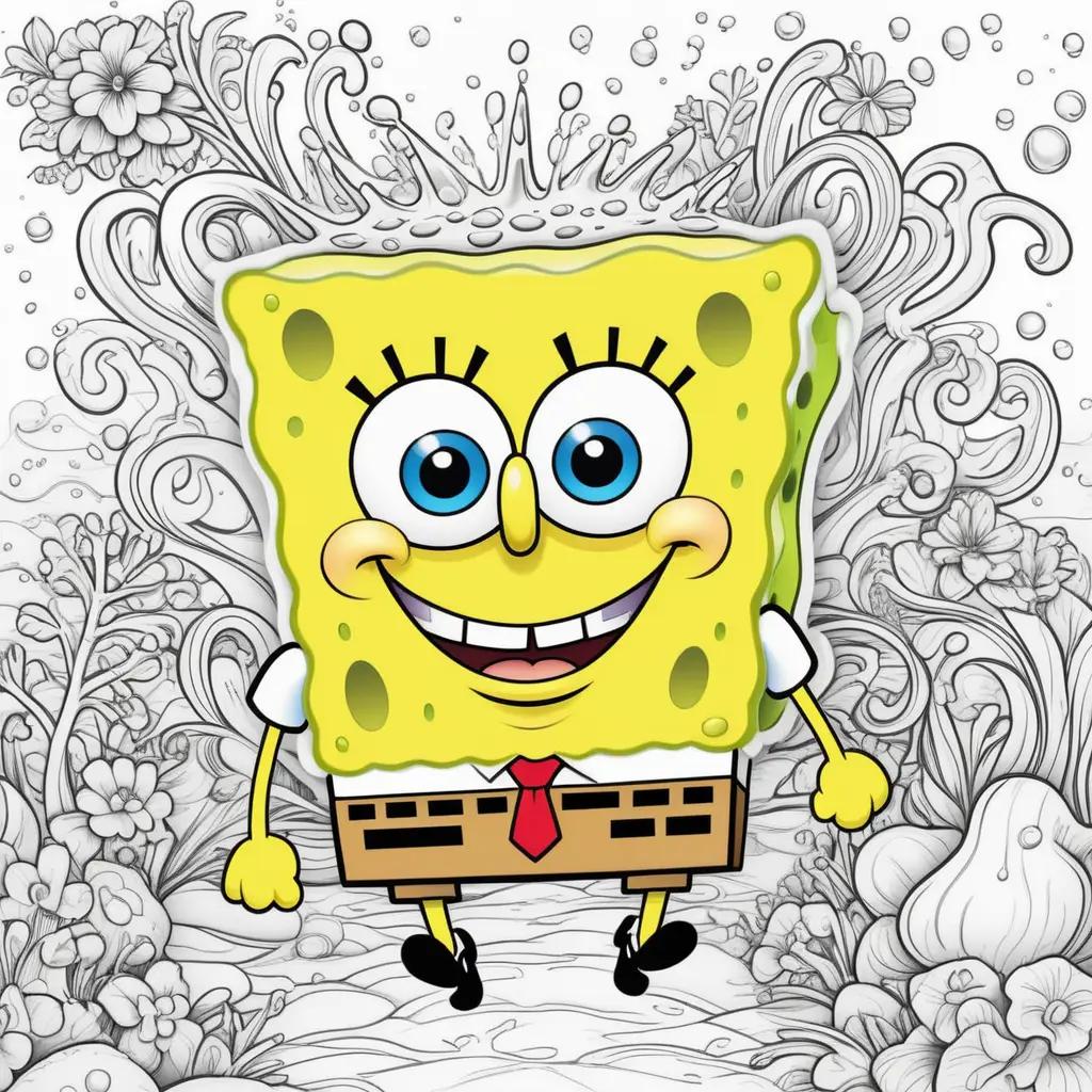 Coloring page of Spongebob with crown on head and tie around neck