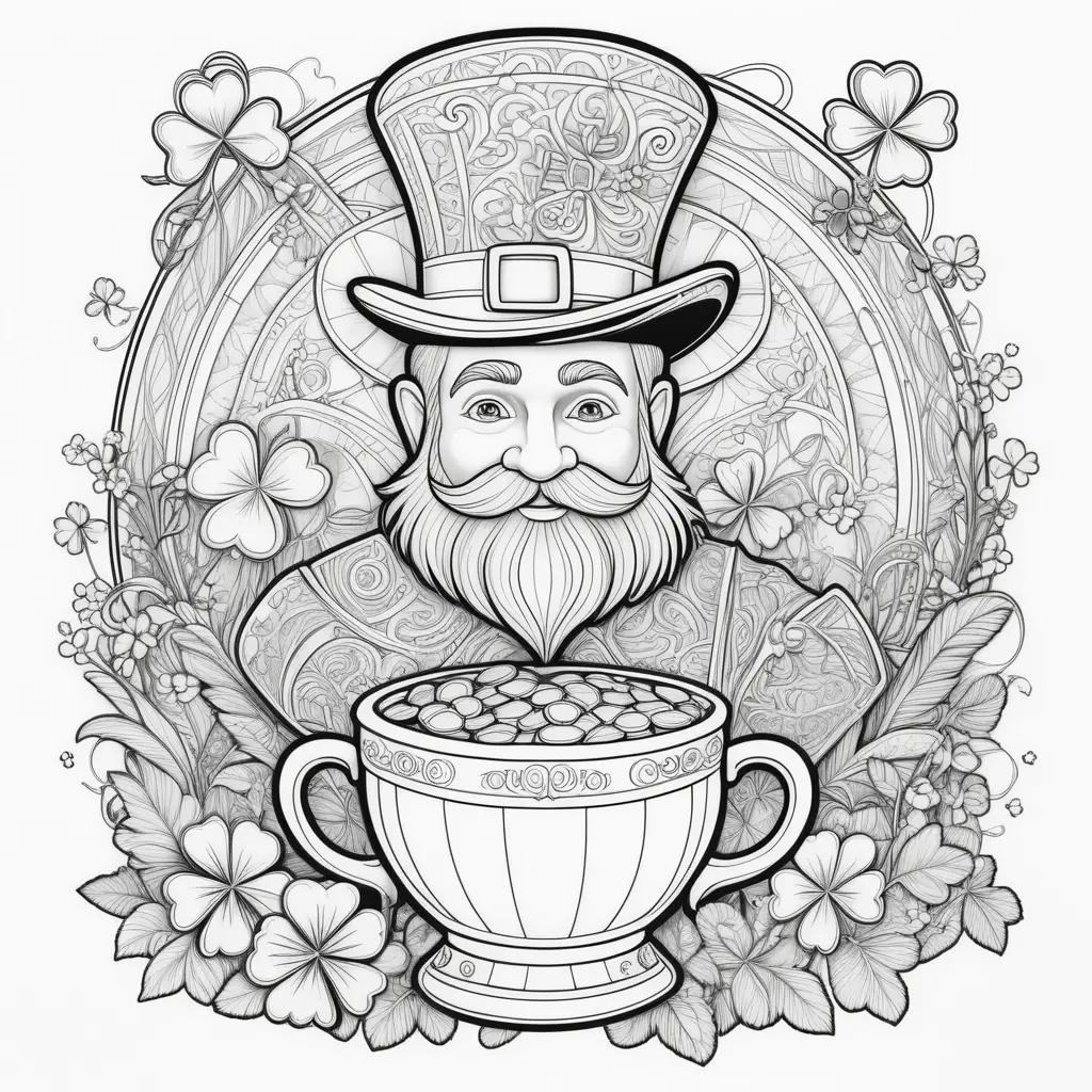 Coloring page of a bearded man with a pot of gold coins on St. Patricks Day