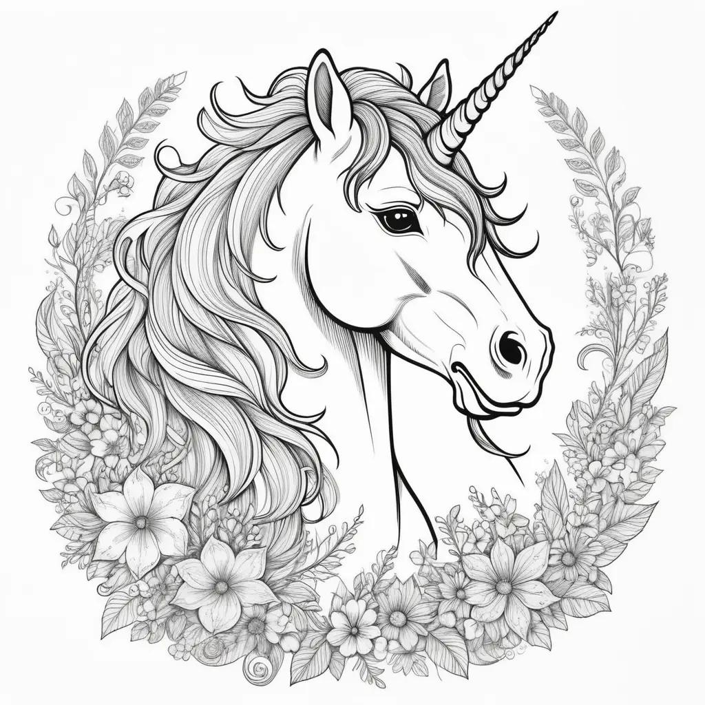 Coloring page of a black and white unicorn in a floral frame