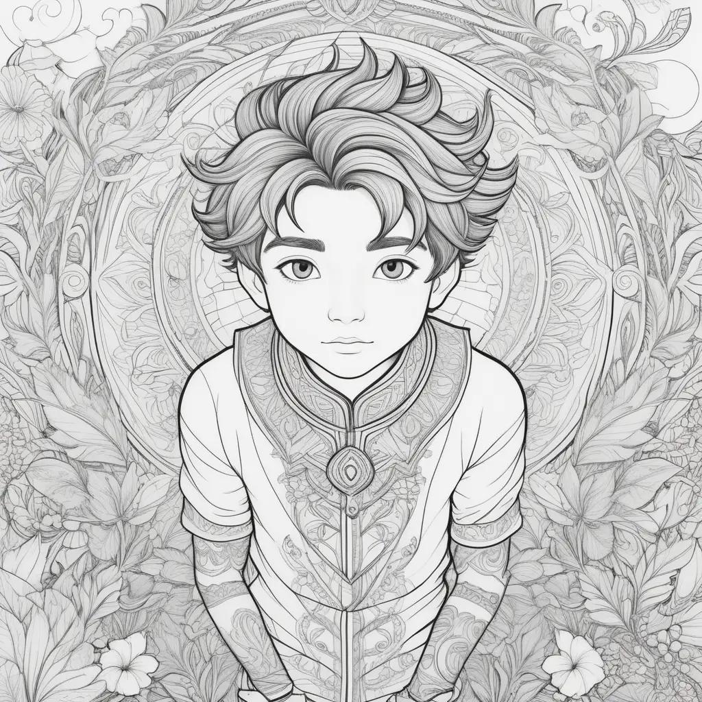 Coloring page of a boy with a flower crown