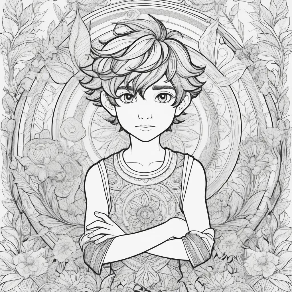 Coloring page of a boy with his arms crossed