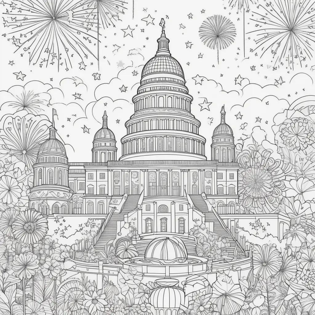 Coloring page of a building with stars and a flag on a July 4th coloring page