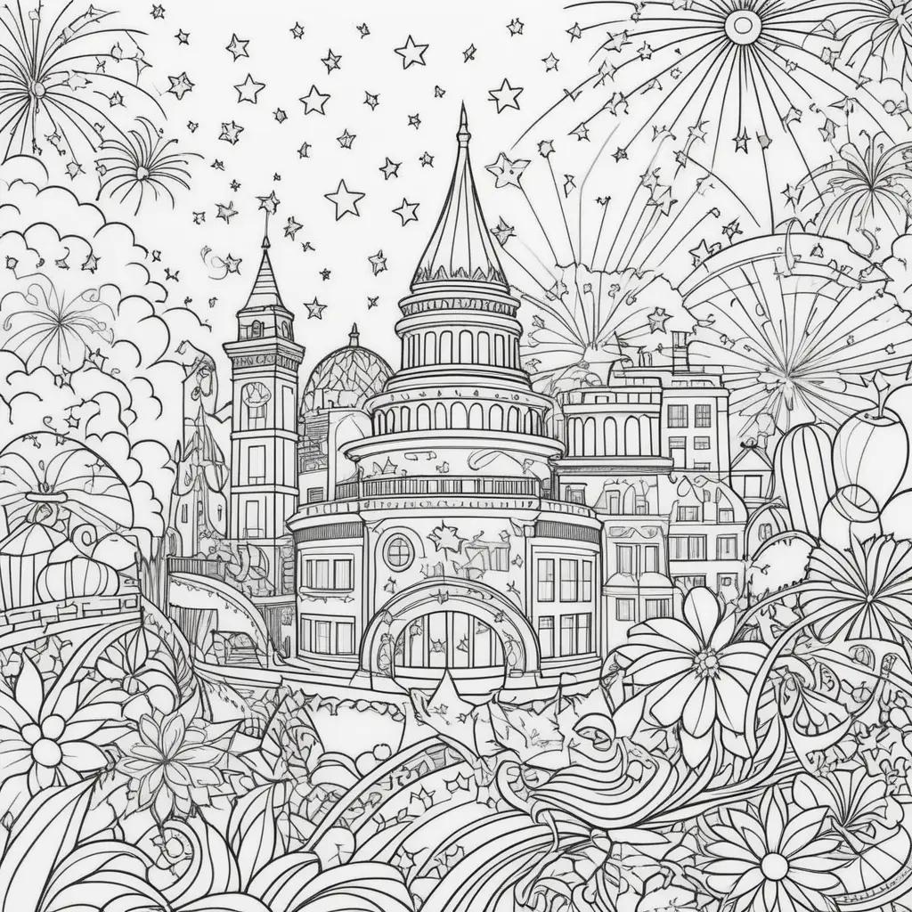 Coloring page of a city skyline with fireworks and stars