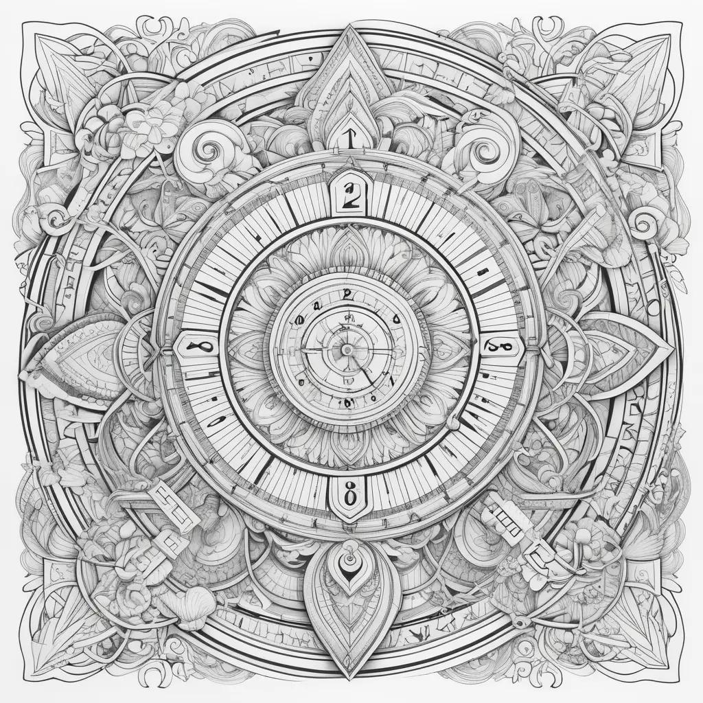 Coloring page of a clock with math equations