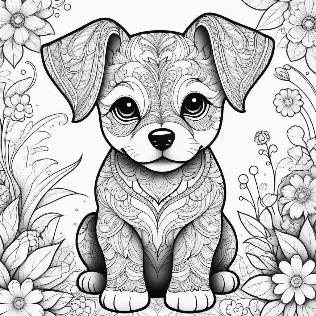 Coloring page of a cute puppy with floral patterns