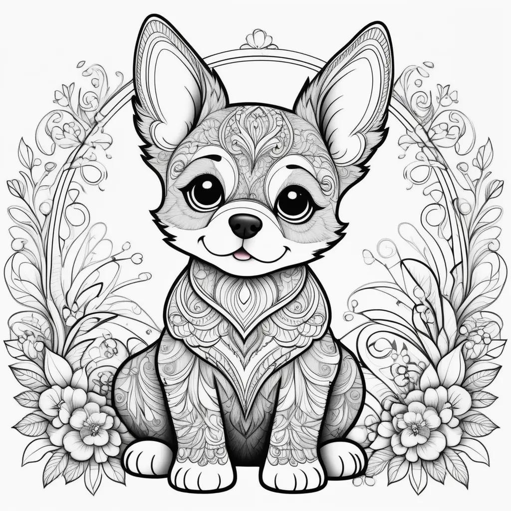 Coloring page of a cute puppy with flowers around it