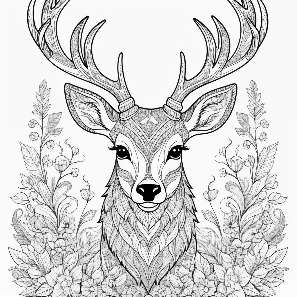 Coloring page of a deer with a floral background