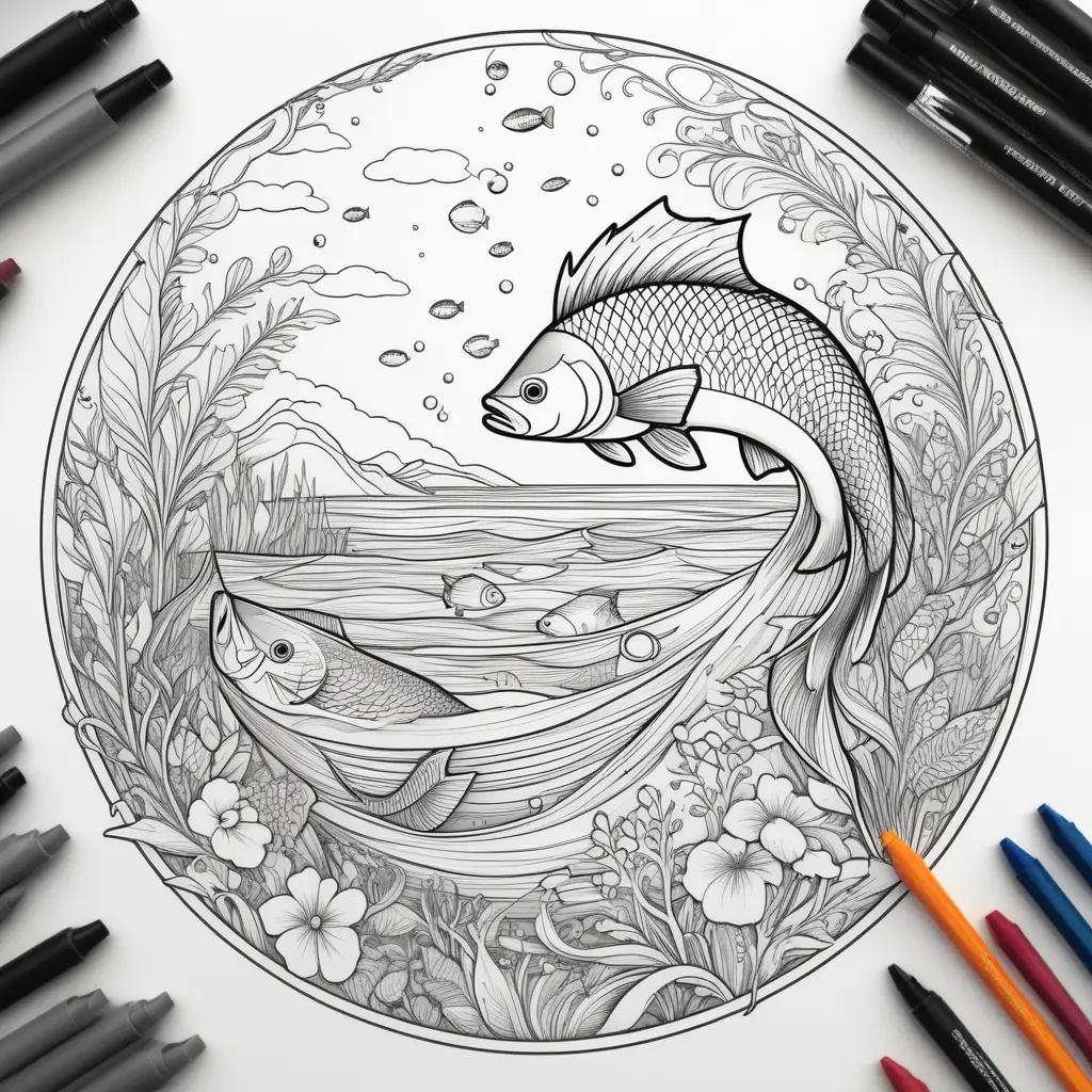 Coloring page of a fish and flowers with a fishing pole