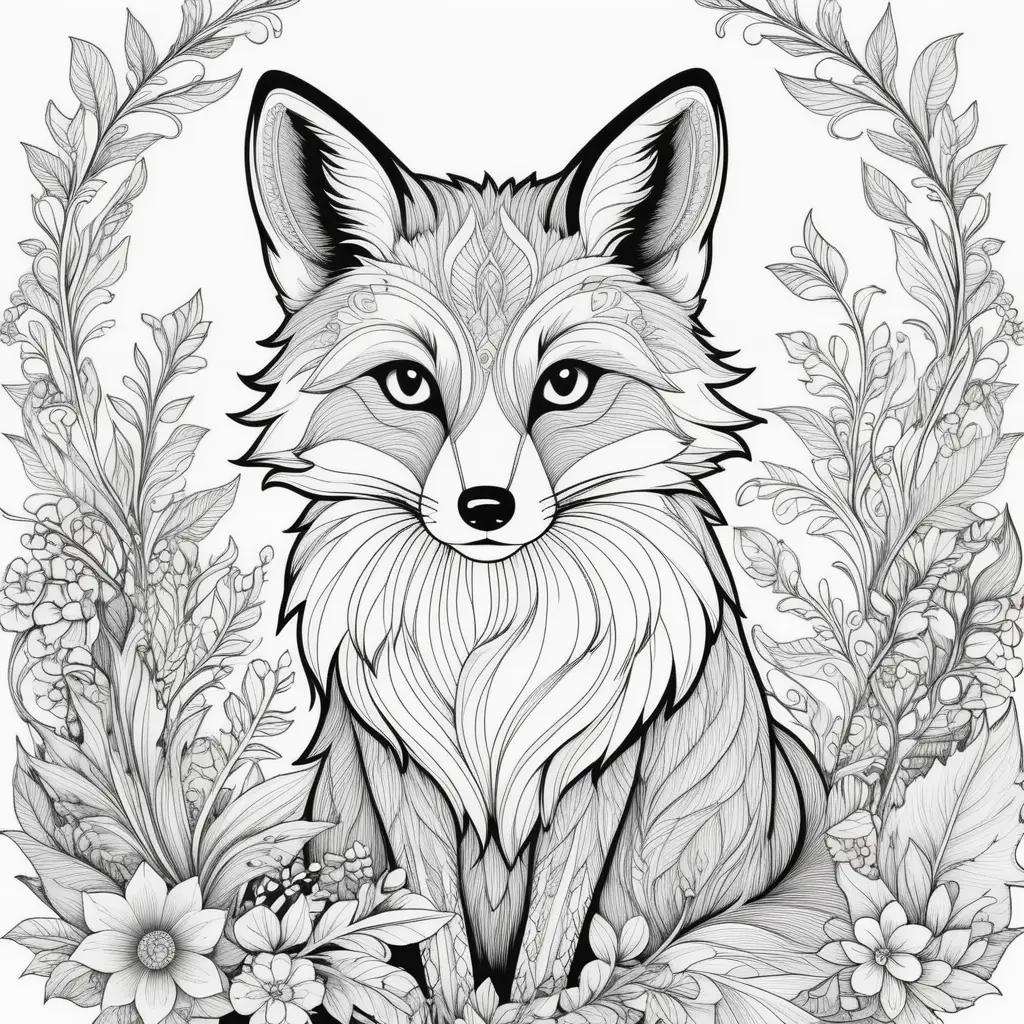 Coloring page of a fox in a flower wreath