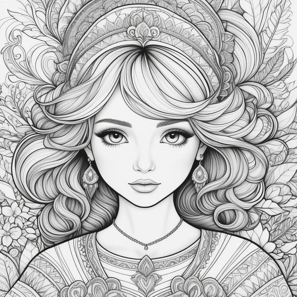 Coloring page of a girl with long hair and a crown