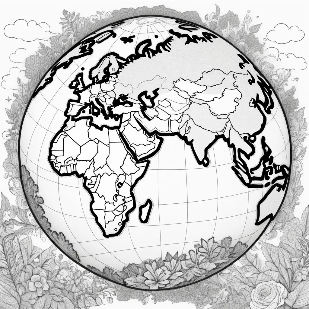 Coloring page of a globe with borders and flowers