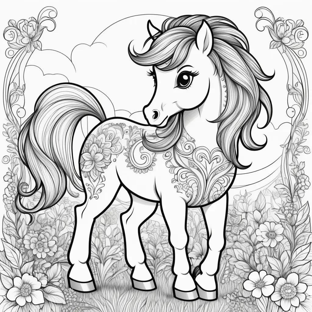 Coloring page of a horse in a field with flowers