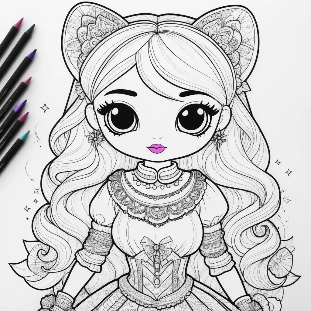 Coloring page of a lol doll with various accessories