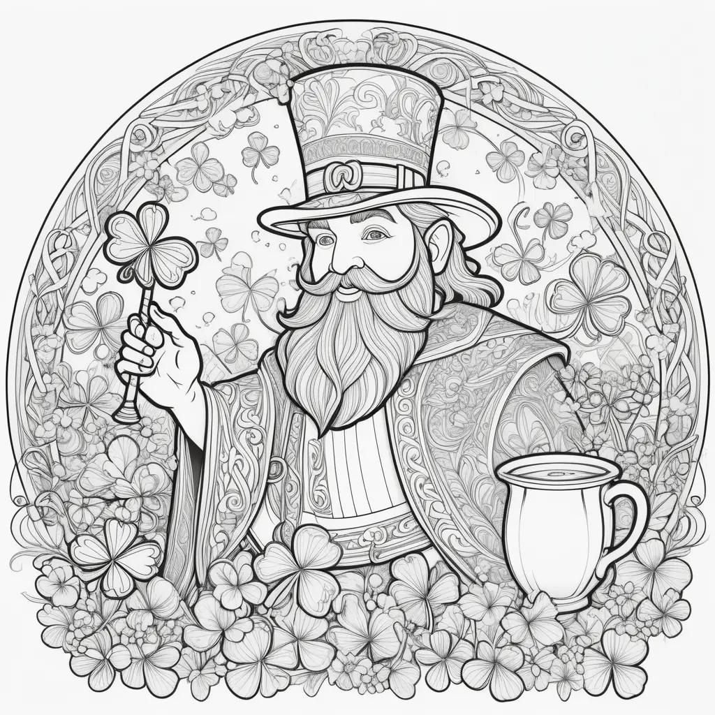 Coloring page of a man holding a cup and shamrock on a st patricks day coloring page