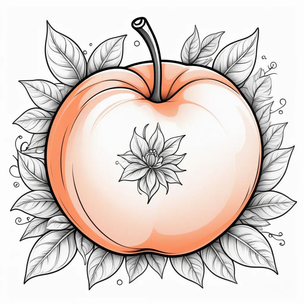 Coloring page of a peach with leaves