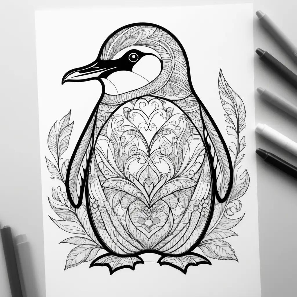 Coloring page of a penguin with a floral pattern