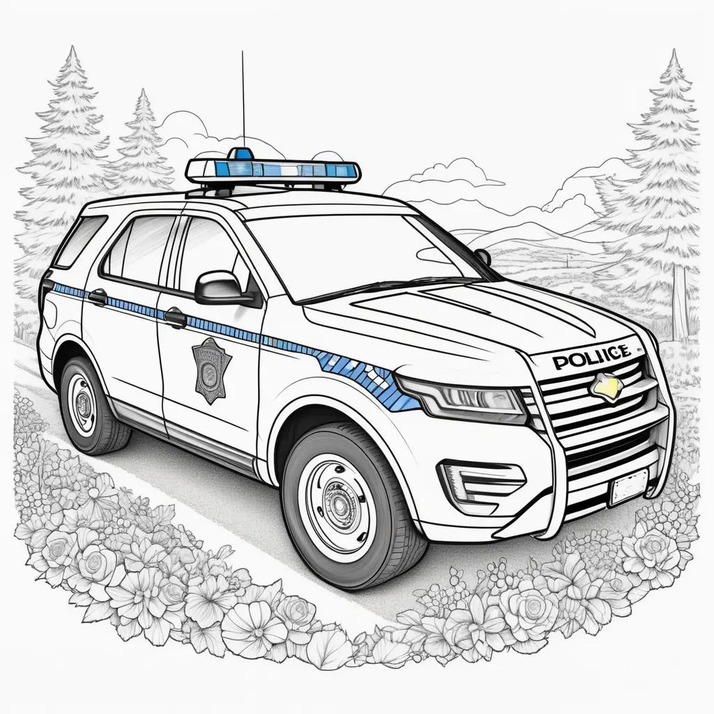 Coloring page of a police car with flowers in the background