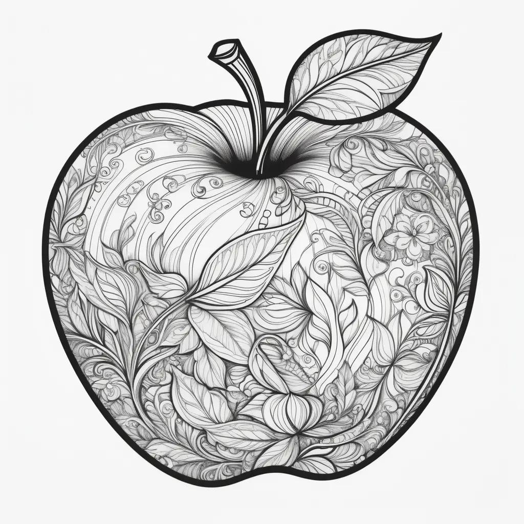 Coloring page of a stylized apple with leaves and flowers