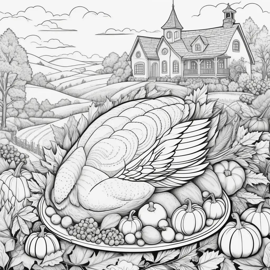 Coloring page of a turkey and pumpkins on a farm