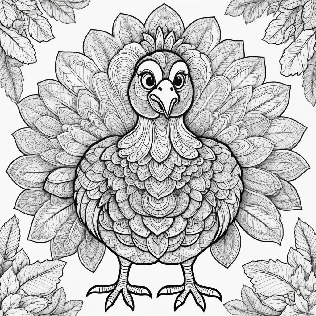 Coloring page of a turkey with leaves in the background