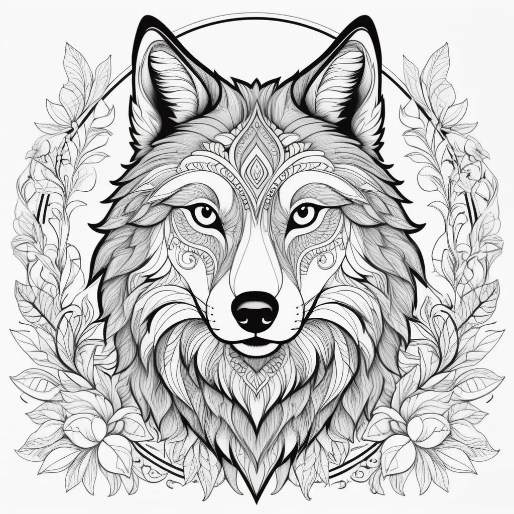 Coloring page of a wolf with intricate design