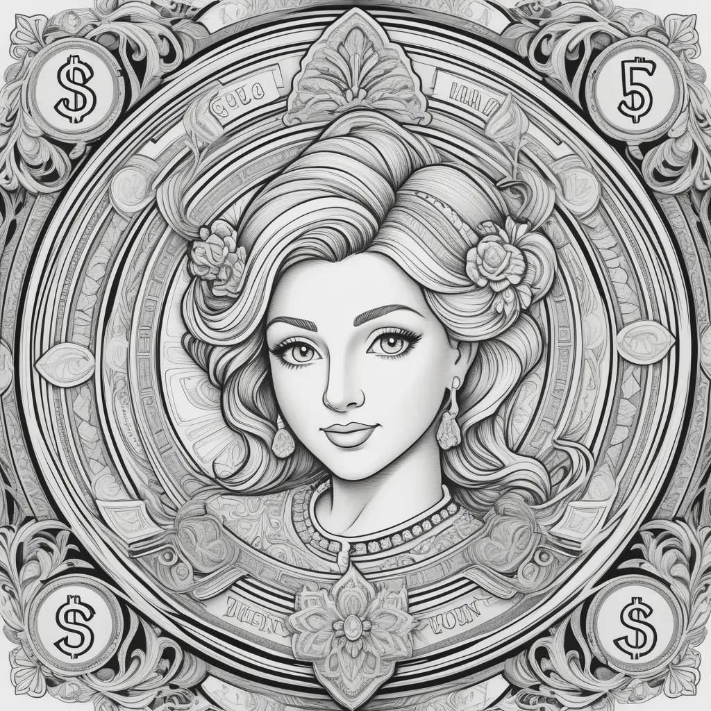 Coloring page of a woman with a dollar sign in the background