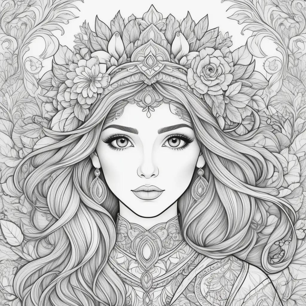 Coloring page of a woman with a flower crown